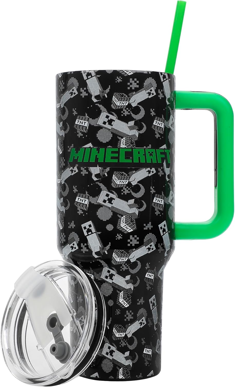 Insulated Stainless Steel Tumbler w/ Reusable Straw & Leak-Proof Lid Easy Carry Handle 40oz (Minecraft)