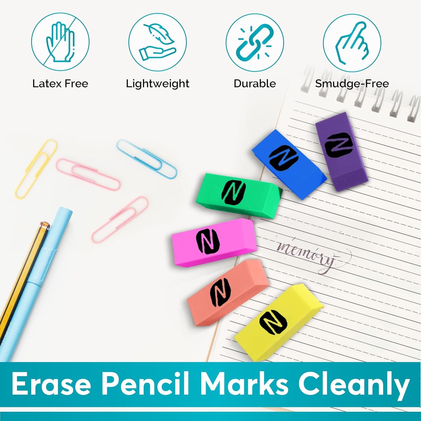 Neon Erasers for Kids – 12-Pack Bulk Pencil Erasers for School, Office, and Art Supplies – Fun Bright Colors, Smudge-Free, Latex-Free