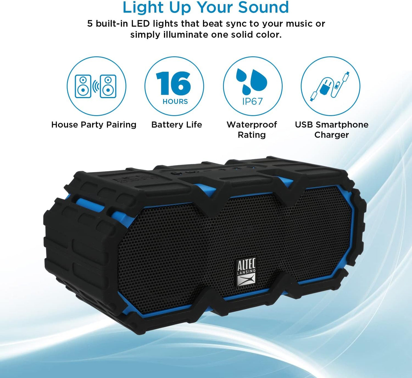 Altec Lansing LifeJacket Mini - Waterdigte Bluetooth-luidspreker met Lig, Draagbare Koordlose Luidspreker vir Swembad, Strand, Stap, Sport, Kamp, 16 Uur Speeltyd, Dryf in Water