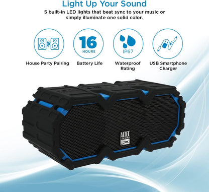 Altec Lansing LifeJacket Mini - Waterdigte Bluetooth-luidspreker met Lig, Draagbare Koordlose Luidspreker vir Swembad, Strand, Stap, Sport, Kamp, 16 Uur Speeltyd, Dryf in Water