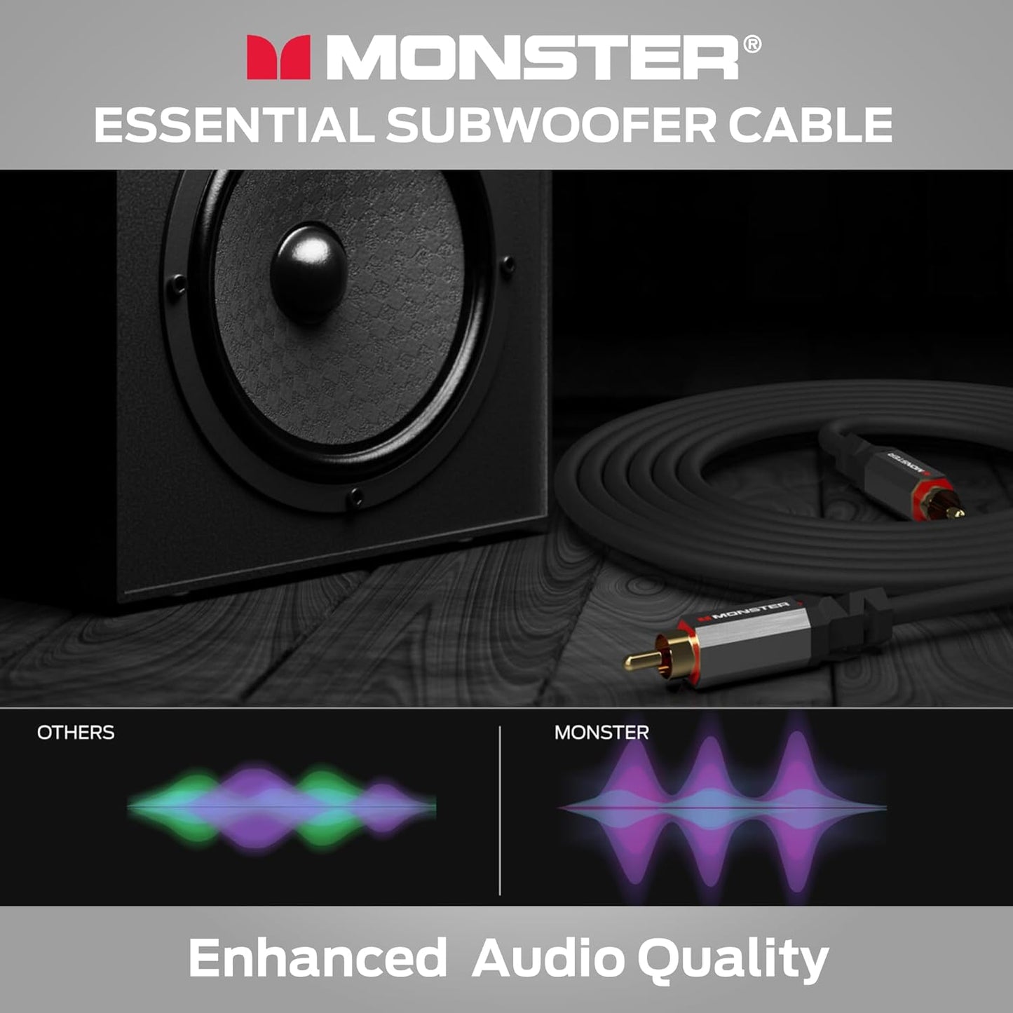 Monster Essentials Premium Subwooferkabelkonnektor vir Tuisflieks en Motors, RCA Subwoofer Oudiokabel, 13.1vt