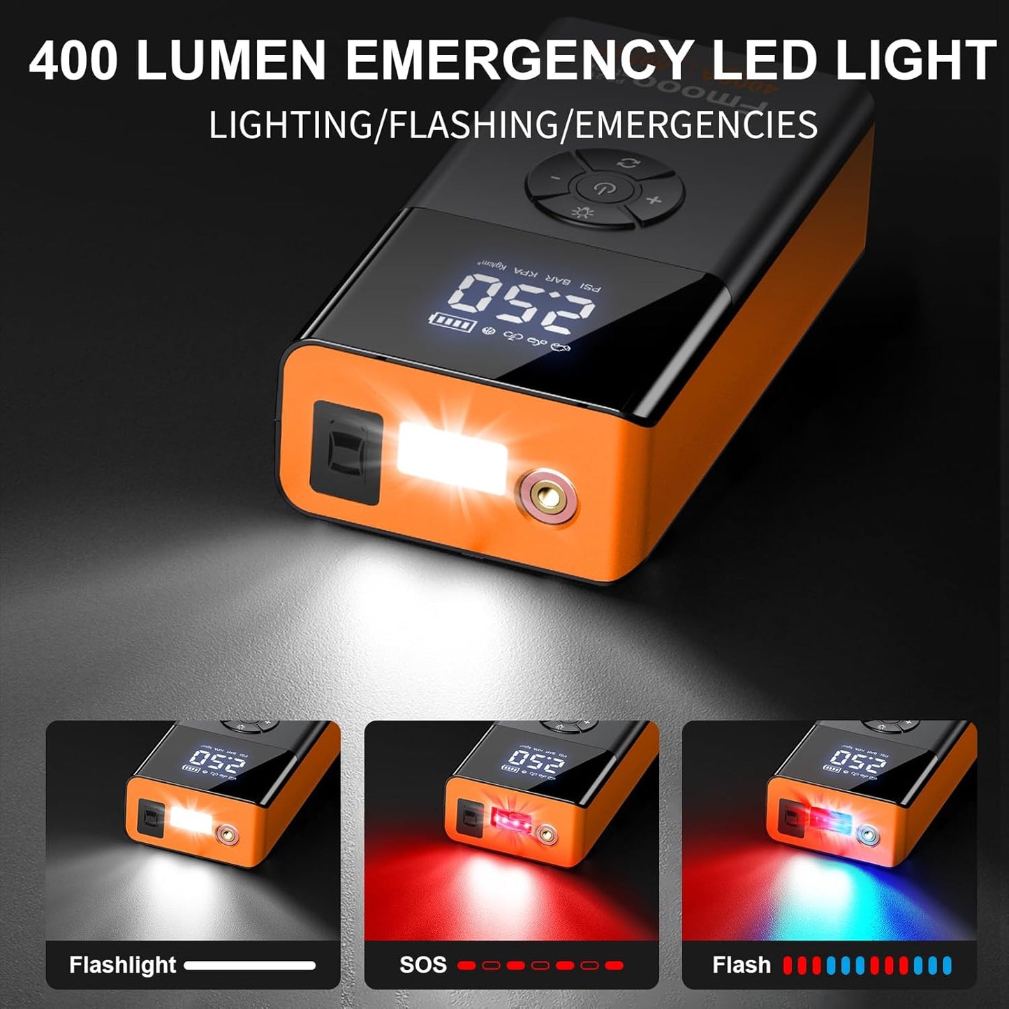 Portable Car Jump Starter with Air Compressor, 4000A 180PSI Car Battery Jump Starter Battery Pack (10L Gas/8L Diesel), 12V Car Jump Box Car Battery Jumper Starter, Large LCD Display,2 Lights (Orange)