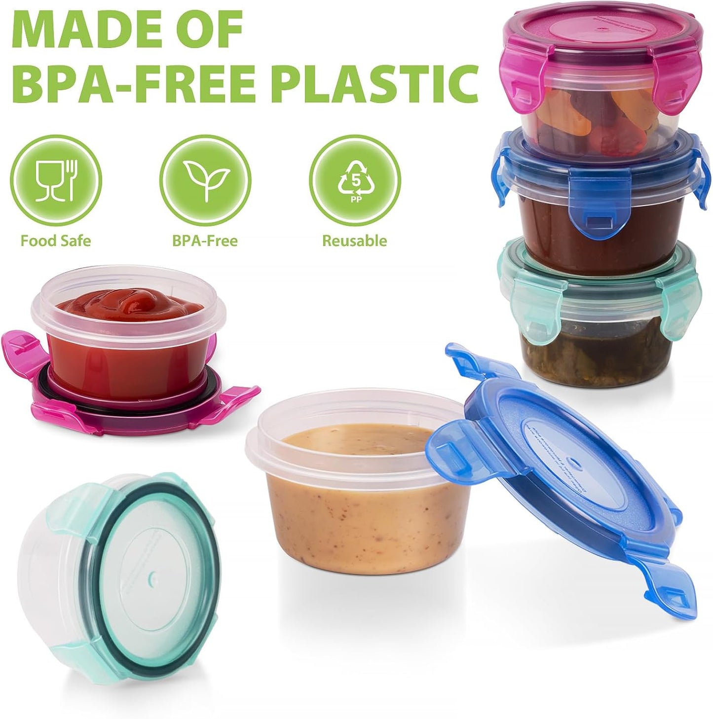 Freshmage Slaaisoushouer om saam te neem, [6 pak] 2.7 oz Klein Kondimenthouers met Lekvrye Deksel vir Etes Onderweg, Herbruikbare Soushouers BPA-vry