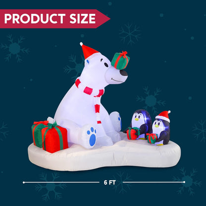 (6 FT) Long Christmas Inflatable Decoration Polar Bear & Penguins w/ Build-in LEDs, Blow Up Inflatable Holiday Season Decoration