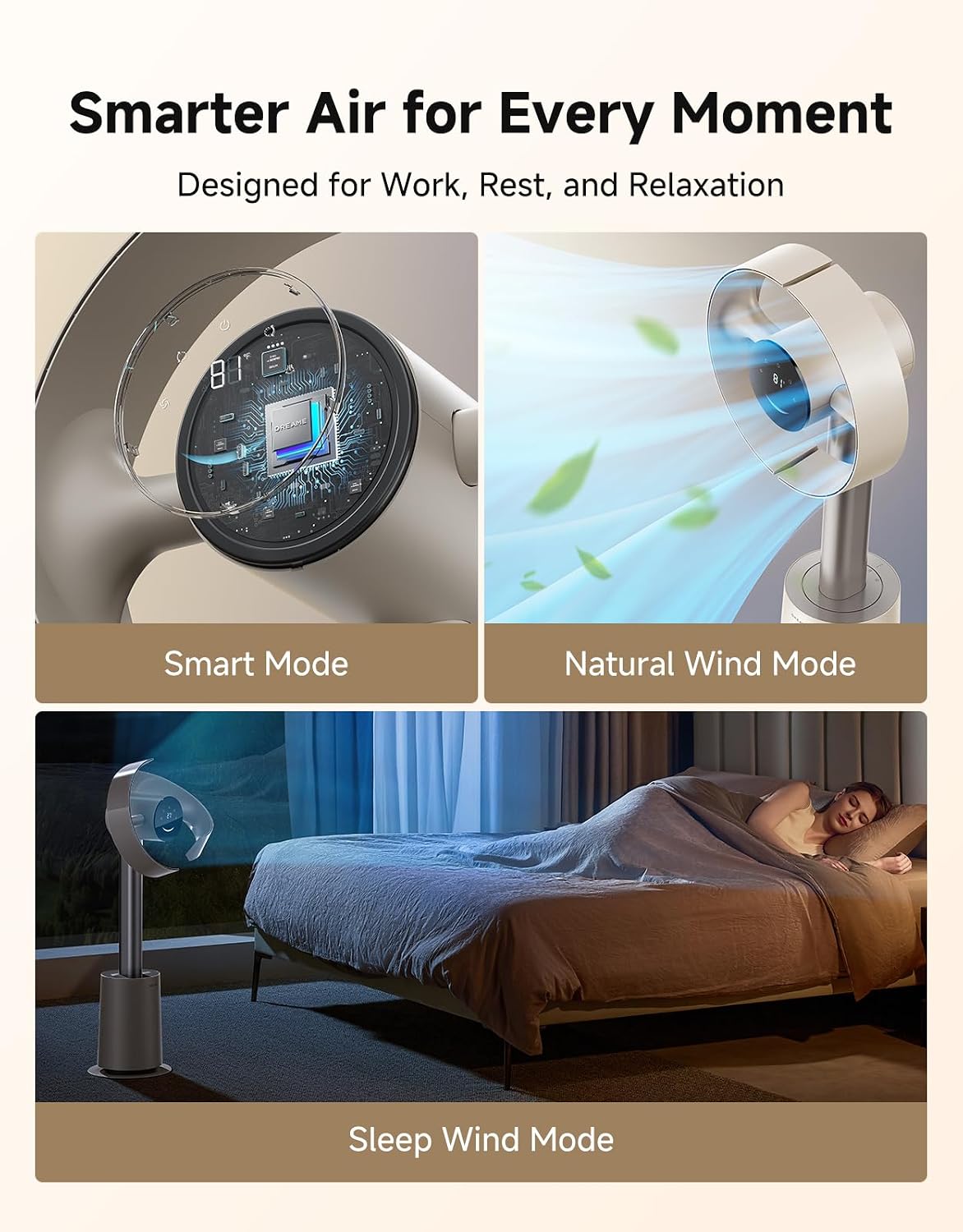 Bladeless Tower Fan MF10 w/ 270° Spatial Airflow Smart Standing Fan Circulation, 59ft/s High Velocity, 10 Speeds 3 Modes, Temperature-Adaptive Airflow - (Beige)
