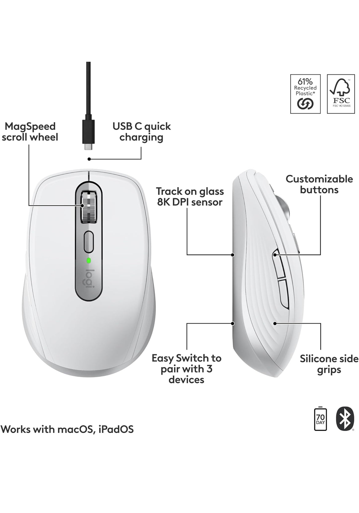Logitech MX Anywhere 3S vir Mac, Kompakte Koordlose Bluetooth Muis, 8K DPI Enige-Oppervlak Opsporing, Stil Klikke, USB C, Koordlose Muis vir MacBook Pro, MacBook Air, iMac, iPad - Liggrys
