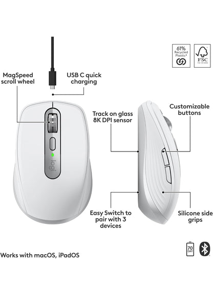 Logitech MX Anywhere 3S vir Mac, Kompakte Koordlose Bluetooth Muis, 8K DPI Enige-Oppervlak Opsporing, Stil Klikke, USB C, Koordlose Muis vir MacBook Pro, MacBook Air, iMac, iPad - Liggrys