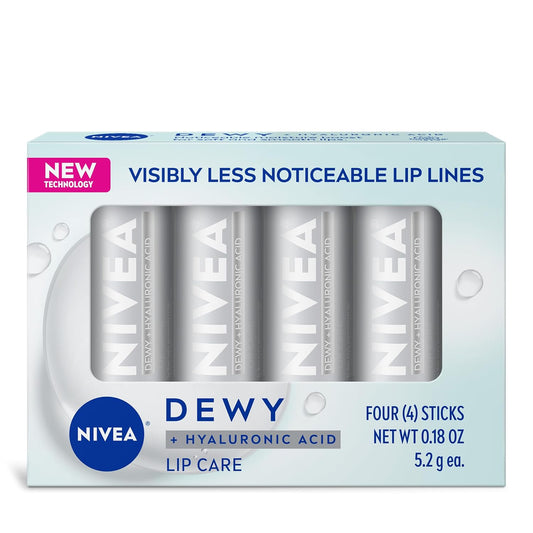 NIVEA Dewy Lip Balm met Hialuronzuur, Liggewig en Ultra-hidrerend vir Heeldag Vog, Laat Liplyne Sigbaar Minder Opvallend en Geen Wasagtige Gevoel Nie, 0.18 Oz, Pakkie van 4