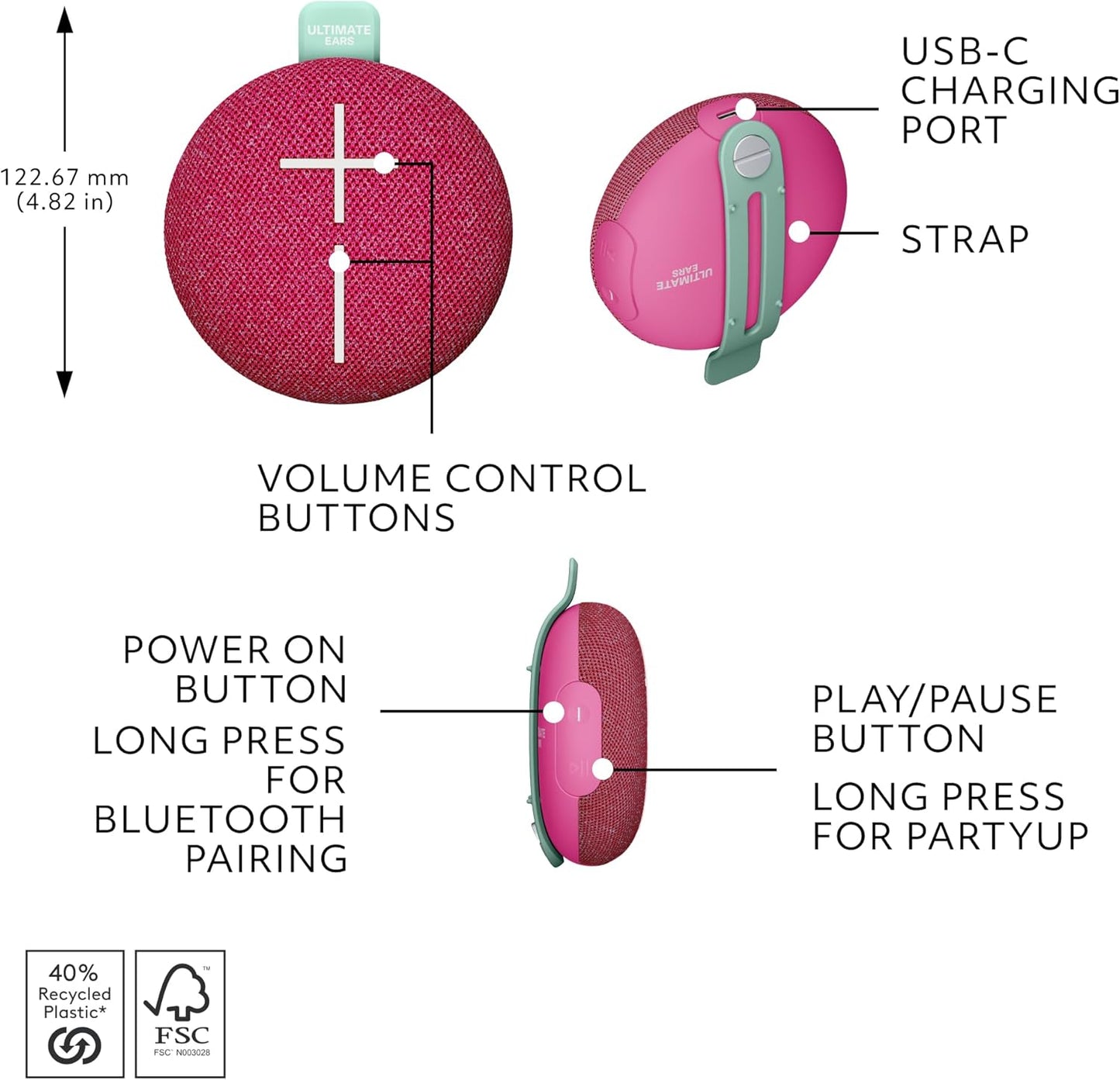 Ultimate Ears MINIROLL Ultra-Portable Waterproof Bluetooth Speaker, Big Bass, IP67 Dustproof, 131 ft Range - Gentle Pink