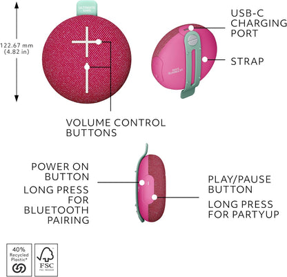 Ultimate Ears MINIROLL Ultra-Portable Waterproof Bluetooth Speaker, Big Bass, IP67 Dustproof, 131 ft Range - Gentle Pink
