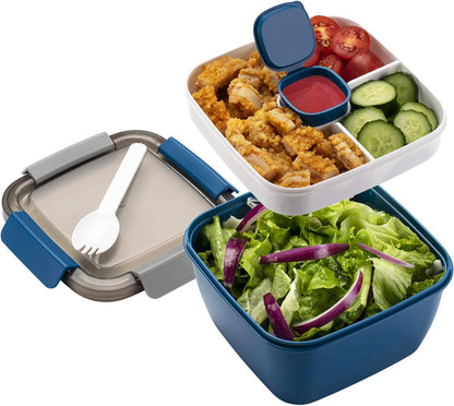 Freshmage Slaai Middagetebouer Vir Onderweg, 52-oz Slaaibakke Met 3 Kompartemente, Slaaisoushouer Vir Slaai Toppings, Peuselhappies, Mans, Vroue (Blou)