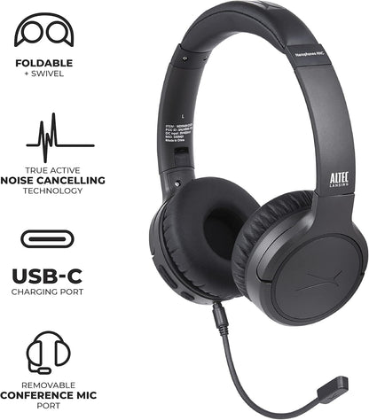Altec Lansing Nanophones ANC Bluetooth Draadlose Aktiewe Geraasdempende Oorfone Op-Oorfone 12 Uur Batterylewe, Opvoubare Oorkoppies, Verwyderbare Mikrofoon vir Werk en Leer van die Huis af (Grys)