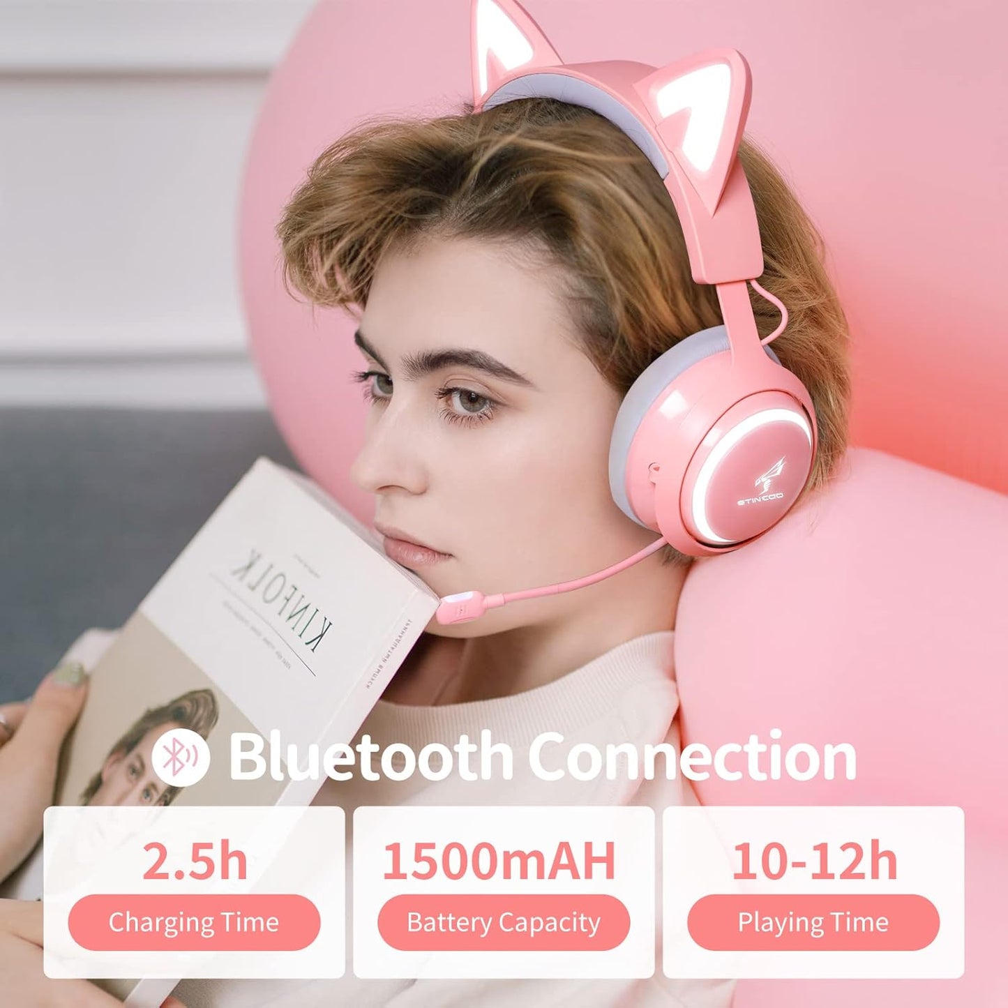 Wireless Cat Ear Headphones Gaming Headset Bluetooth 5.0 for Smartphone Retractable Mic 50mm Drivers RGB Lighting Headset with Mic (USB Dongle Not Included) - (PINK)