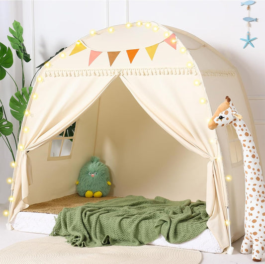 Groot Kleuter Bed Tent Afdak: met Liggie en Vlaggies vir Meisies en Seuns Huis Geskenke - Monobeach Kinder Speeltent Binne Prinses Speelgoed - Draagbare en Opvoubare Kinders Speelhuis Buite