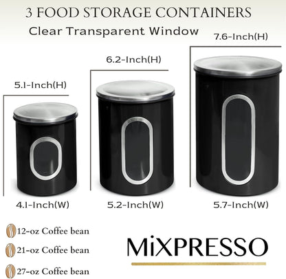 Mixpresso 3-stuk swart kanisterstelle vir die kombuis, lugdigte kanisterstel met deursigtige venster, bergingsflesse vir koffiehouer, tee-organiseerder en suikerkanister, swart kombuiskansiters