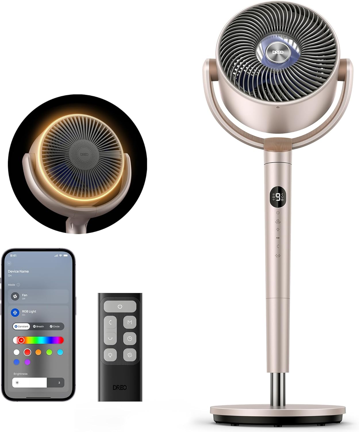 Slim Ossillerende Waaier 120° Omnidireksioneel, 90vt Stil Staander met RGB-lig, 9 Spoed, 6 Modusse 8H Tydhouer, Wi-Fi/Stem, 37-42" - Starlight