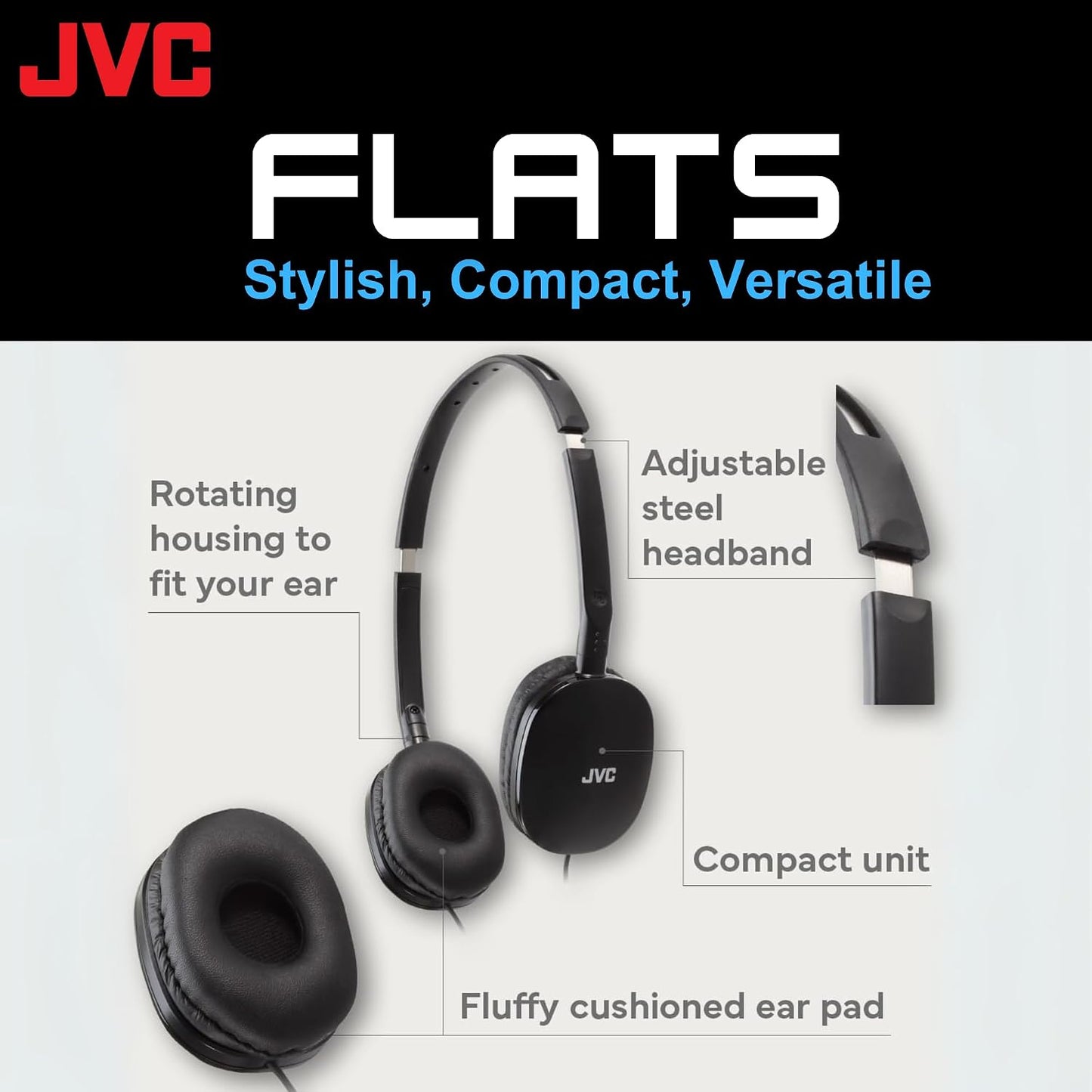 JVC Flats On-Ear Wired Headphones Flat Foldable 30mm Driver, Soft Ear-Pads for Comfort – Steel Headband - Lightweight & Portable 3.5mm Slim Plug - (Black)