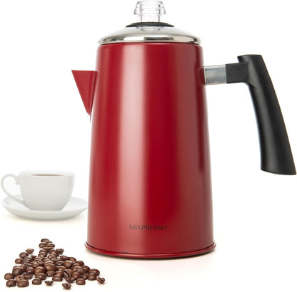 Mixpresso Rooi Vlekvrye Staal Koffieperkoleerder Kookplaat, 52 oz Klassieke Perkoleerder Koffiepot, Puik Vir Kamp, 12 Koppie Kookplaat Espressomaker, Koel-om-aan-te-raak Handvatsel