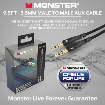 Monster Gen1 Essentials Mini-na-Mini Interconnect Oudiokabel 3.5mm Manlik na Manlik, 9.8FT Aux-kabel met Duraflex-omhulsel, Premium Vergulde Koppelaars, Kabel vir motor, huis, stereo