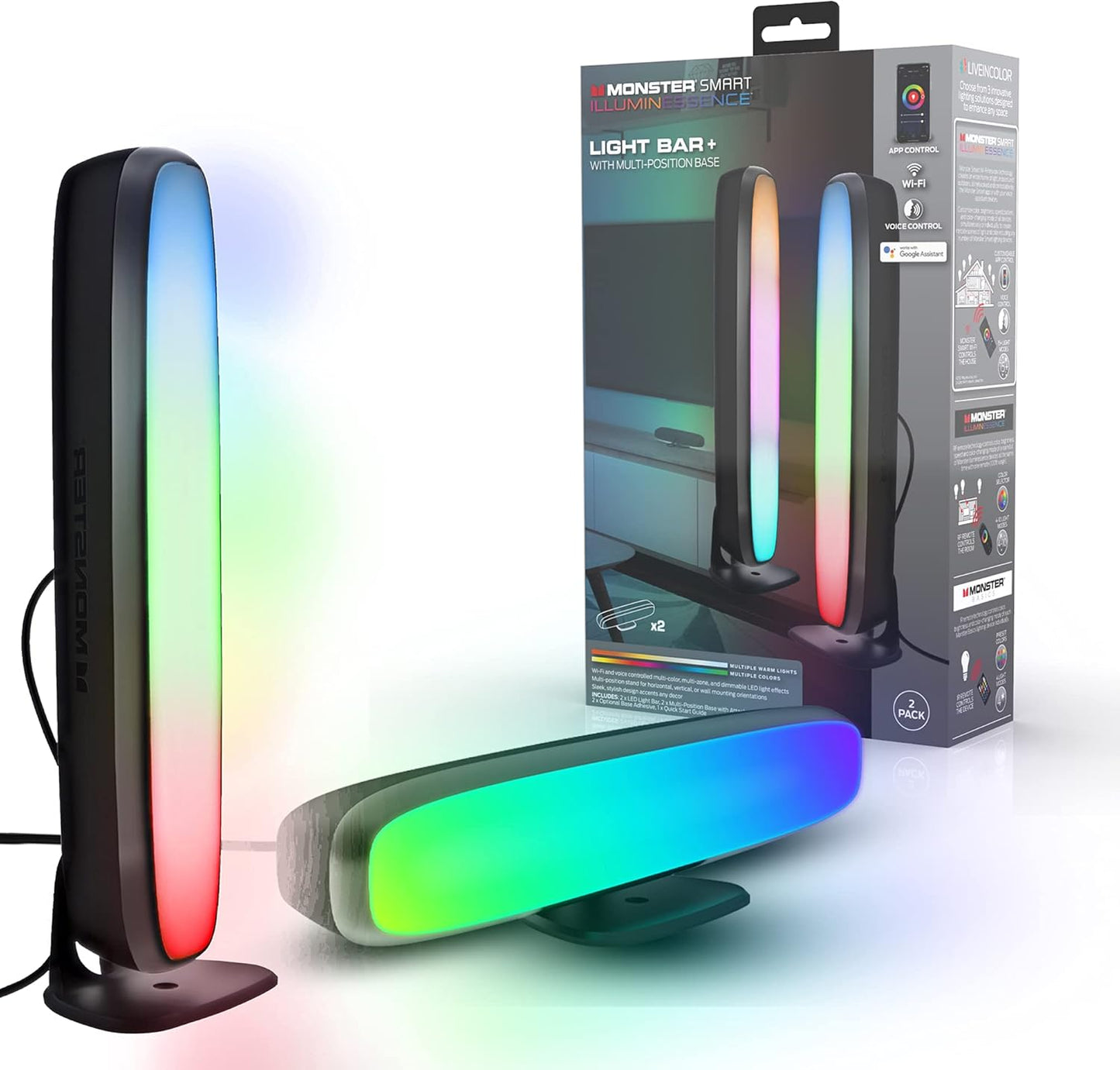 Monster Illuminessence Multi-Color Light Bar with Multi-Position Base, Customizable, Make Changes Anywhere with Mobile App, Compatible with Alexa, Google Assistant, Siri, 2-Pack