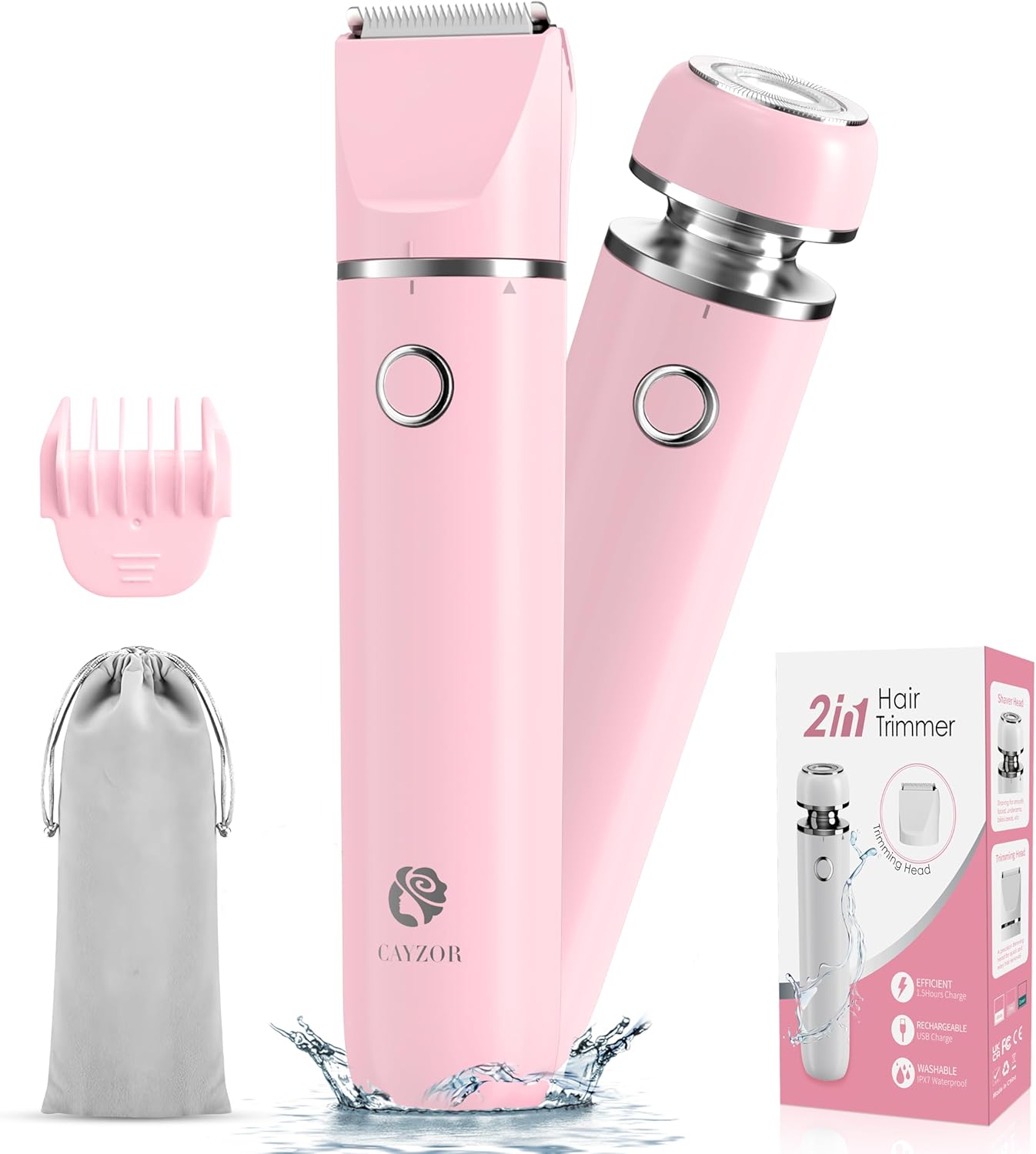 Bikini Trimmer and Shaver Kit  - 2-in-1 Wet/Dry Electric Body Hair Trimmer Facial Hair Removal Cordless Waterproof - (Pink)