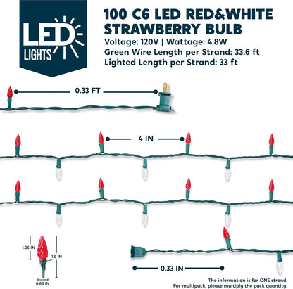 Rooi & Wit Kersfeesliggies, 100 LED Bestendige Aan Aarbei-liggies, 10.26 M Koppelbare Stringliggies – Groen Draad