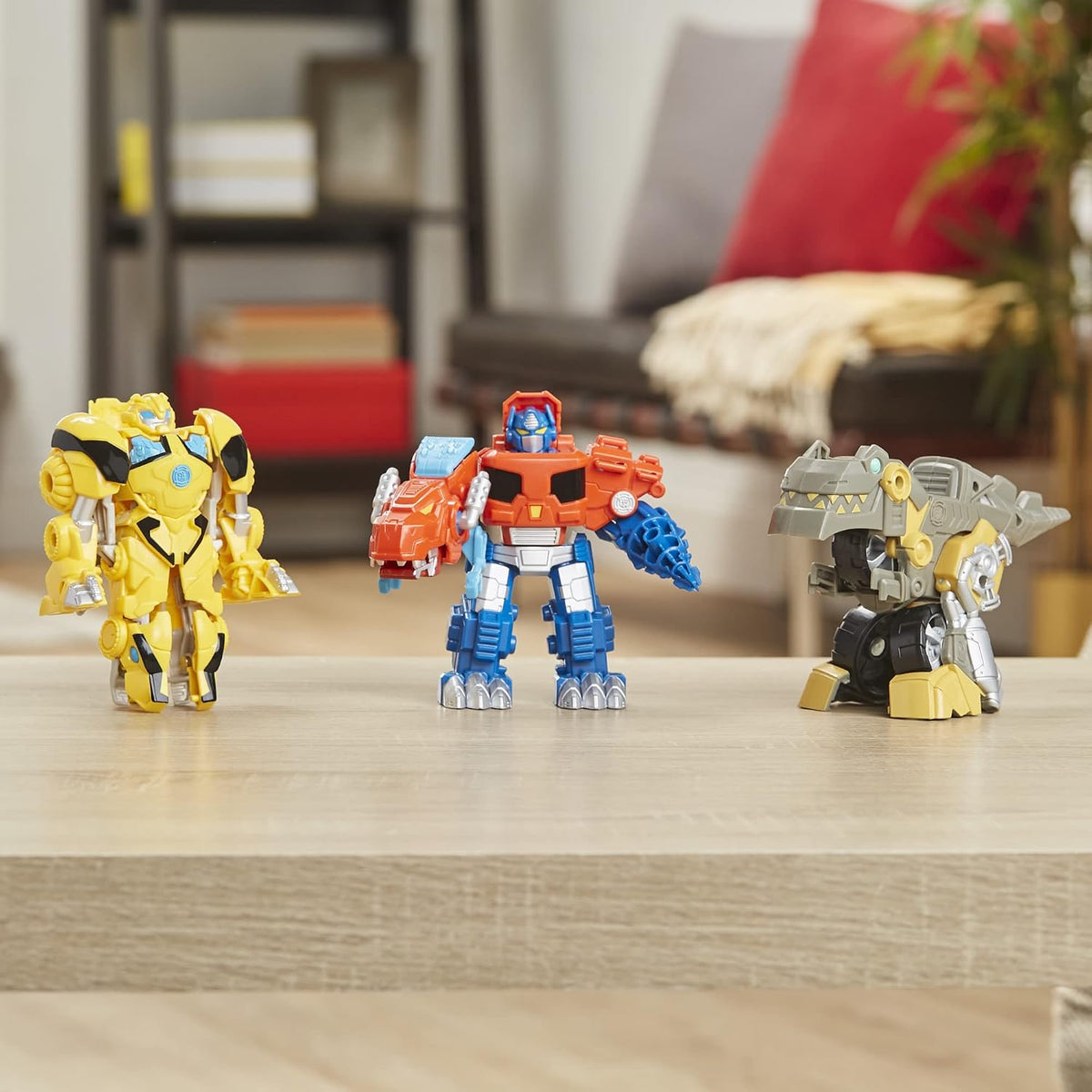 Transformers Playskool Primal 4.5-Inch Team-Up (3-Pack) w/ Optimus Prime,Bumblebee, and Grimlock Converting Dinosaur Figures, Toys
