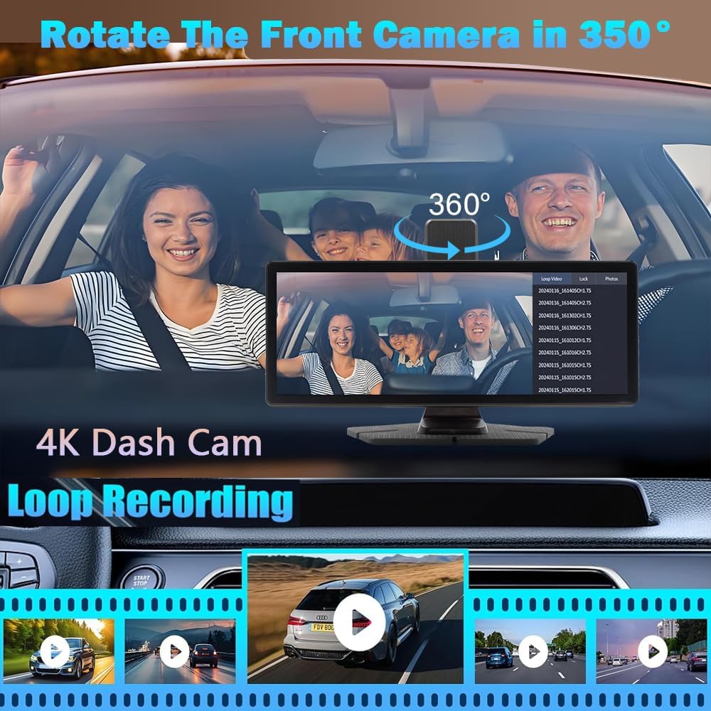Wireless Carplay 4k Ultra HD Screen 10.26 Inches 360 Rotation Dash Cam Carplay & Android 1080p GPS Navigation/Mirror Link/Voice Control/Siri/FM Satellite Radio Receiver