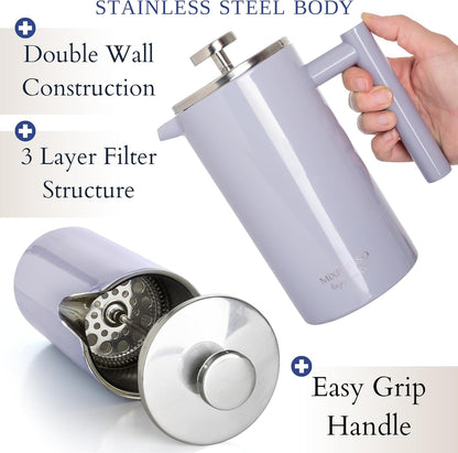 Mixpresso Ligblou Vlekvrye Staal Franse Pers Koffiemaker 26 Oz 770 ml, Dubbelwand-geïsoleerde Franse Pers Vlekvrye Staal, Maklik Skoon Teebrouer, Maklike Druk Duursame Metaalkoffiepers