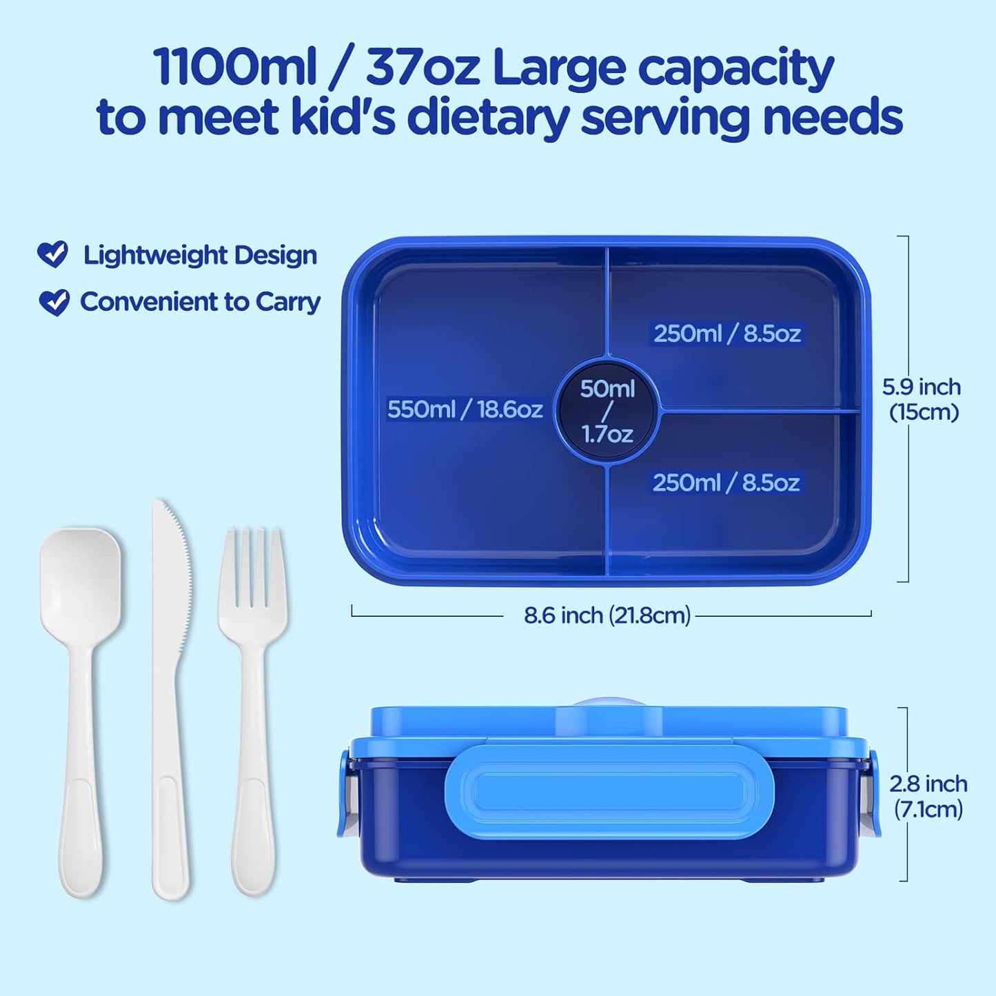 Bento Lunch Box for Kids - Leakproof w/ 4 Compartments Tableware - Reusable On-the-Go Meal - Blue