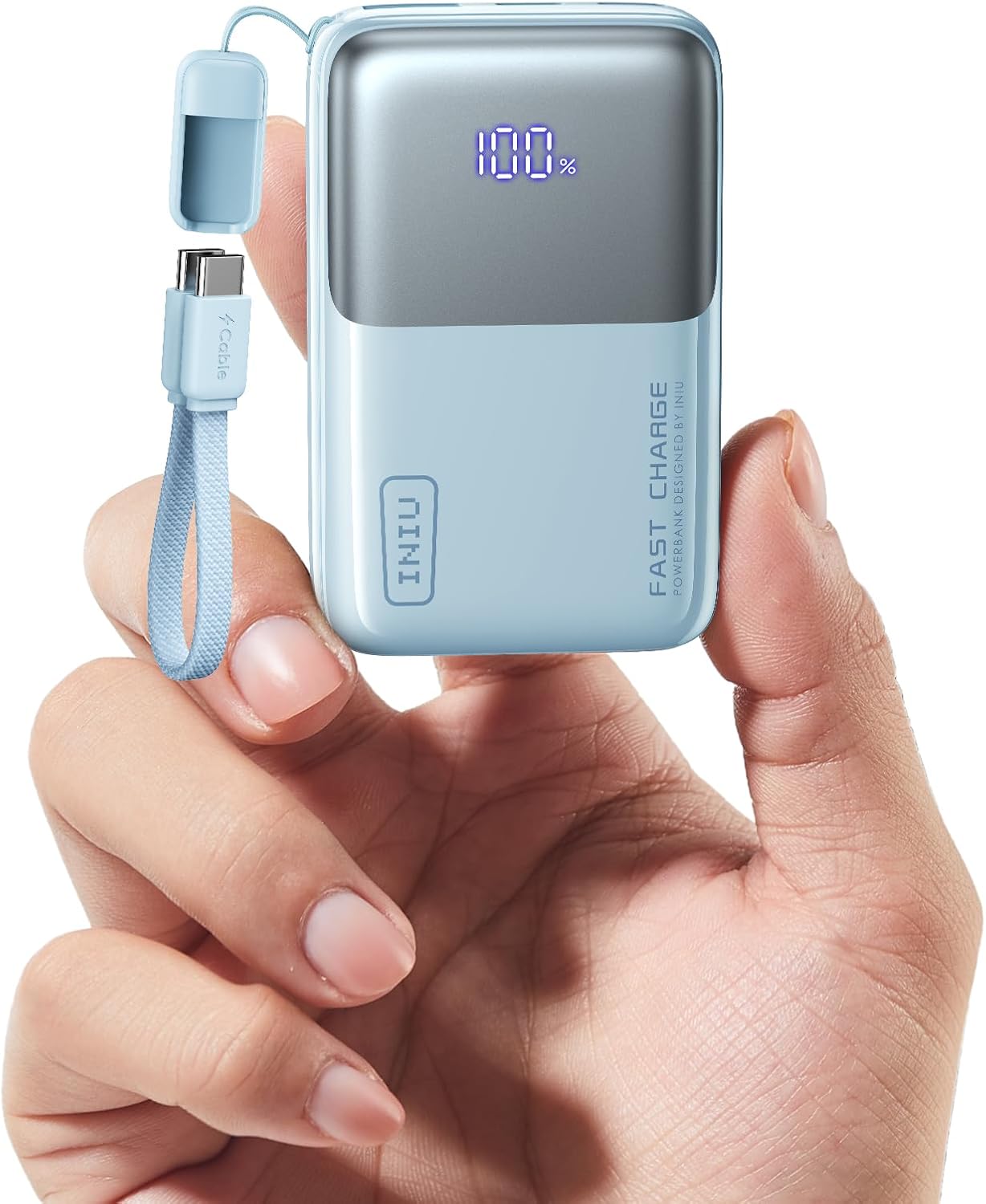 INIU 10000mAh 45W Ultra Mini Portable Charger Power Bank with Cable - (Light Blue)