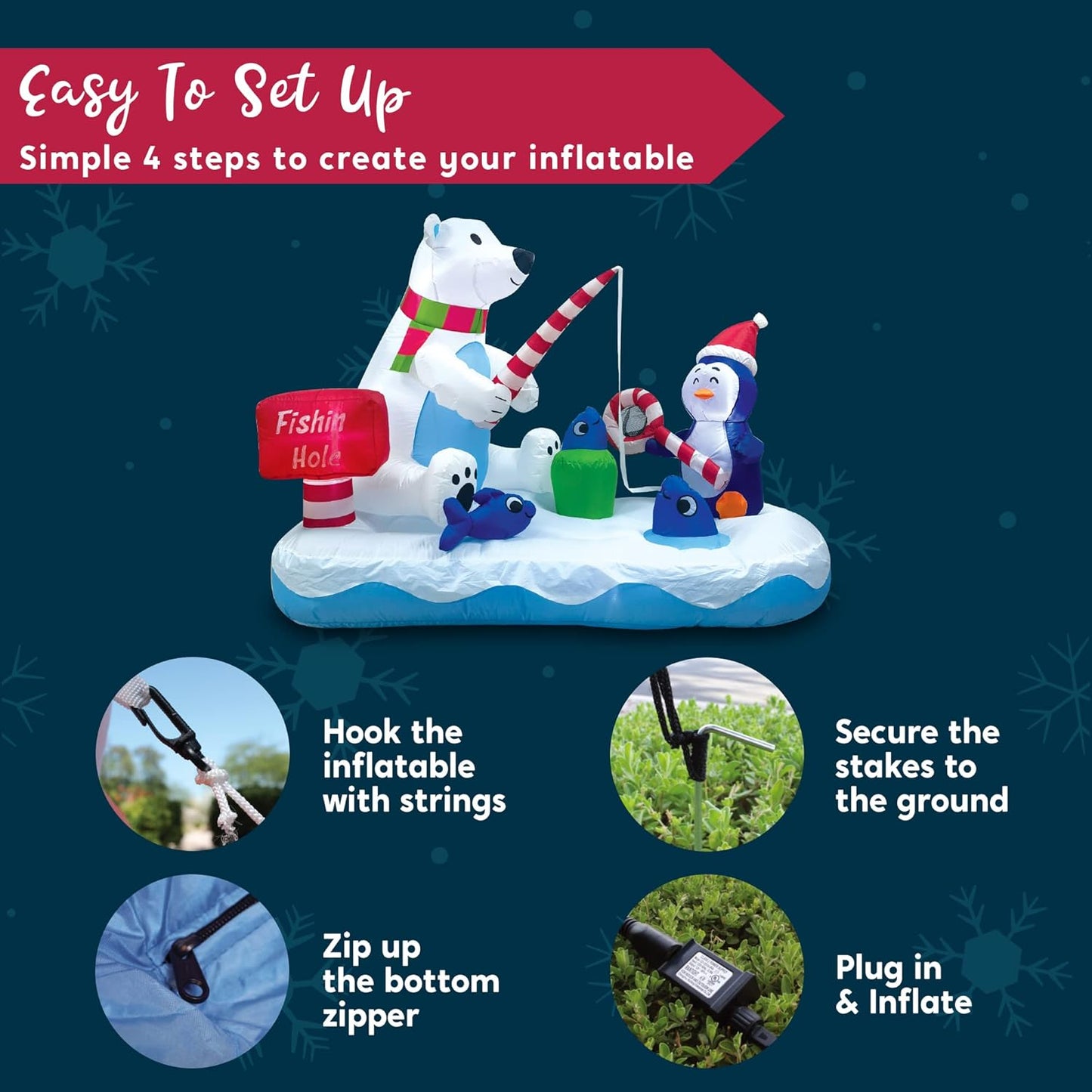 (6FT) Long Christmas Inflatable Penguin & Polar Bear Decoration, Blow Up Yard Fishing Hole Sign w/ Build-in LEDs Decorations