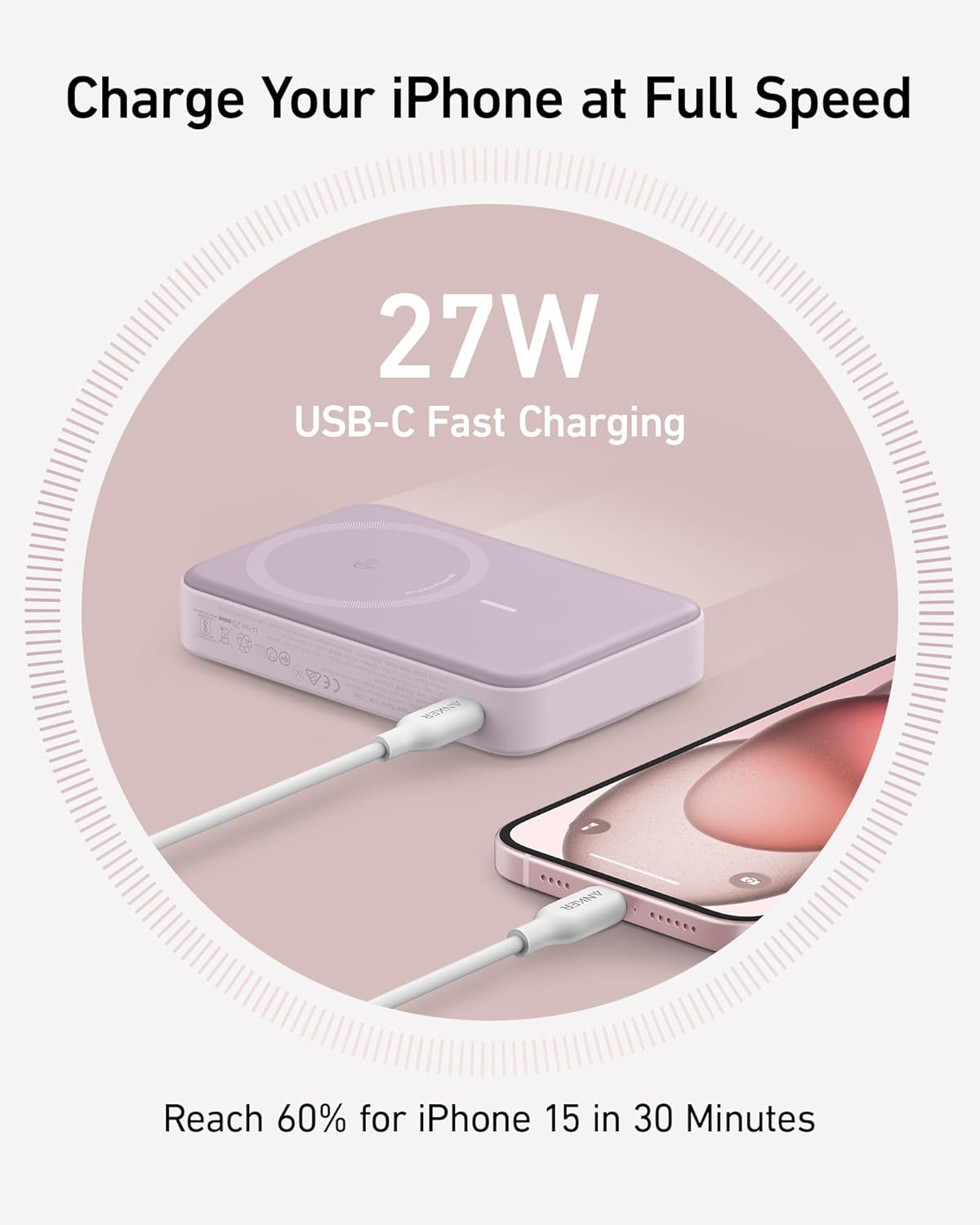 MagGo Power Bank, Qi2 Certified 15W Ultra-Fast MagSafe-Compatible Portable Charger, 10,000mAh Battery Pack with Smart Display and Foldable Stand - Violet