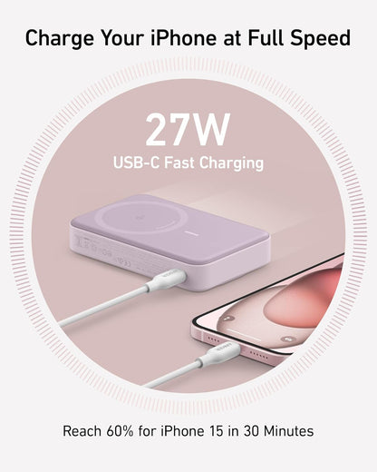 MagGo Power Bank, Qi2 Certified 15W Ultra-Fast MagSafe-Compatible Portable Charger, 10,000mAh Battery Pack with Smart Display and Foldable Stand - Violet