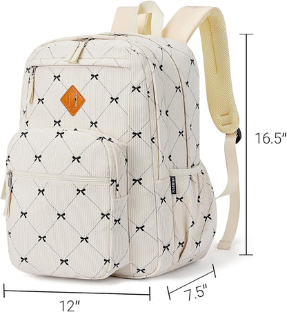 26L Backpack for School, College, and Travel: Corduroy Bookbag with 8 Compartments - Bowknot