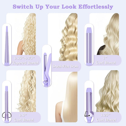 5 in 1 Curling Iron with Interchangeable Ceramic Barrels (0.35"-1.25"), Curling Wand Set with Flat Iron Hair Straightener, Instant Heat Up, Dual Voltage Hair Curler