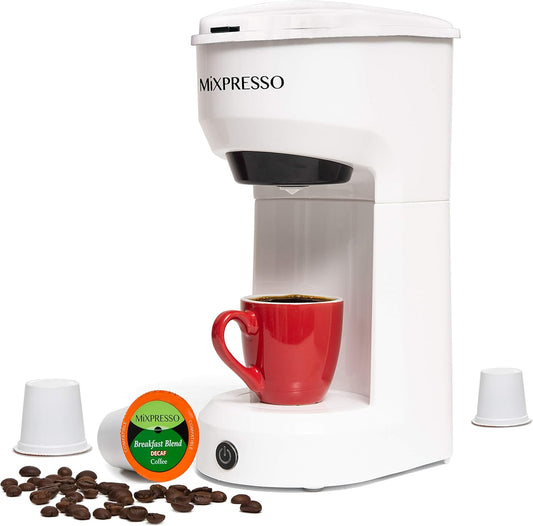 Mixpresso 2-in-1 Koffiemaker vir K-kapsule en Gemaalde Koffie, Enkelbedieningskoffiemaker, Kompakte Grootte Mini Koffiemaker Vinnige Brou Tegnologie 400ml Wit Enkelkoppie Koffiemaker