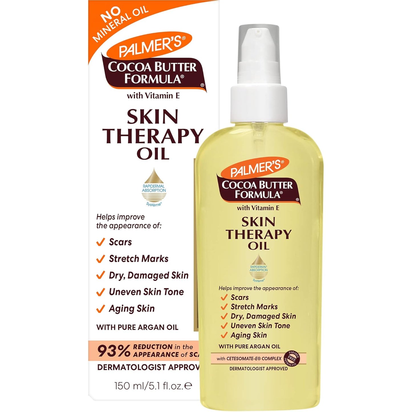 Palmer's Cocoa Butter Formula Skin Moisturizing Body Oil w/ Vitamin E & Pure Argan Oil, Deep Body Moisturizer for Dry, Damaged Skin, Scars or Stretch Marks, 5.1 Fl Oz