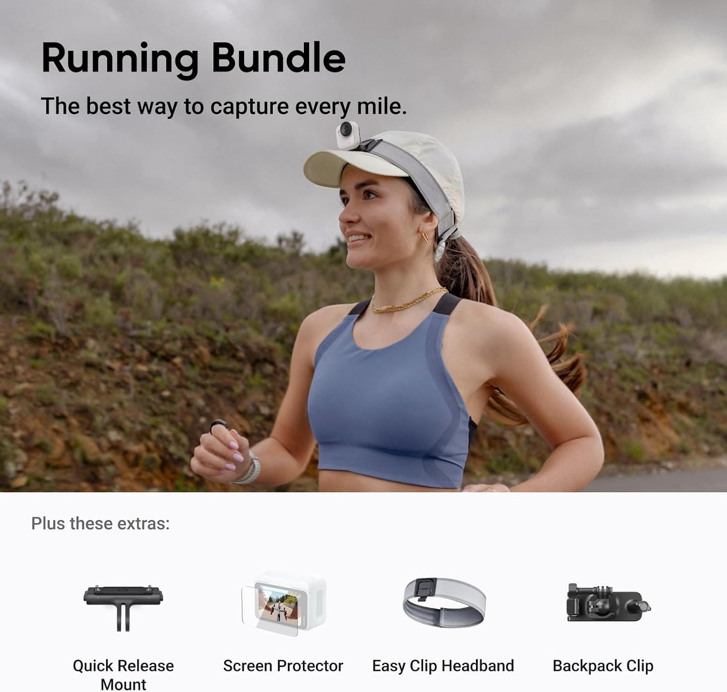 Insta360 GO Ultra Running Bundle - Small 4K Vlogging Camera, Hands-Free, POV Cam, 1/1.28" Sensor, 53g Lightweight, 156° FOV, 200 Min Battery Life, Magnetic Wearable Action Camera for Sports, Vlog