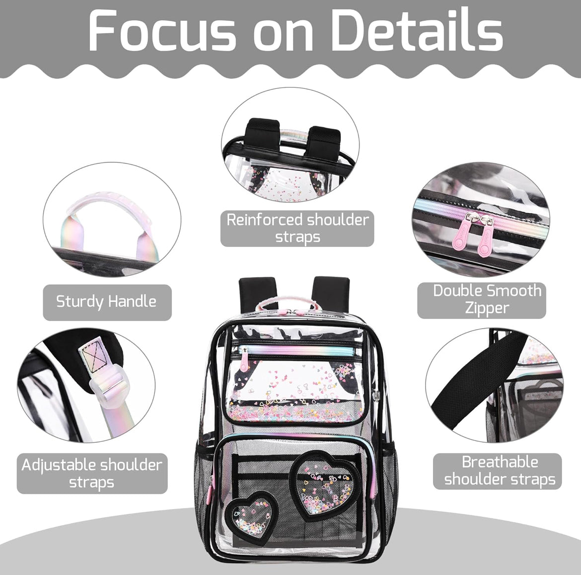 Girls Clear Backpack,2 PCS Large Backpacks Set,Heavy Duty Bookbag Stadium Approved Daypack Transparent Women Bag See Through Daypack for Kids Elementary Middle School Students Teens Sport Black
