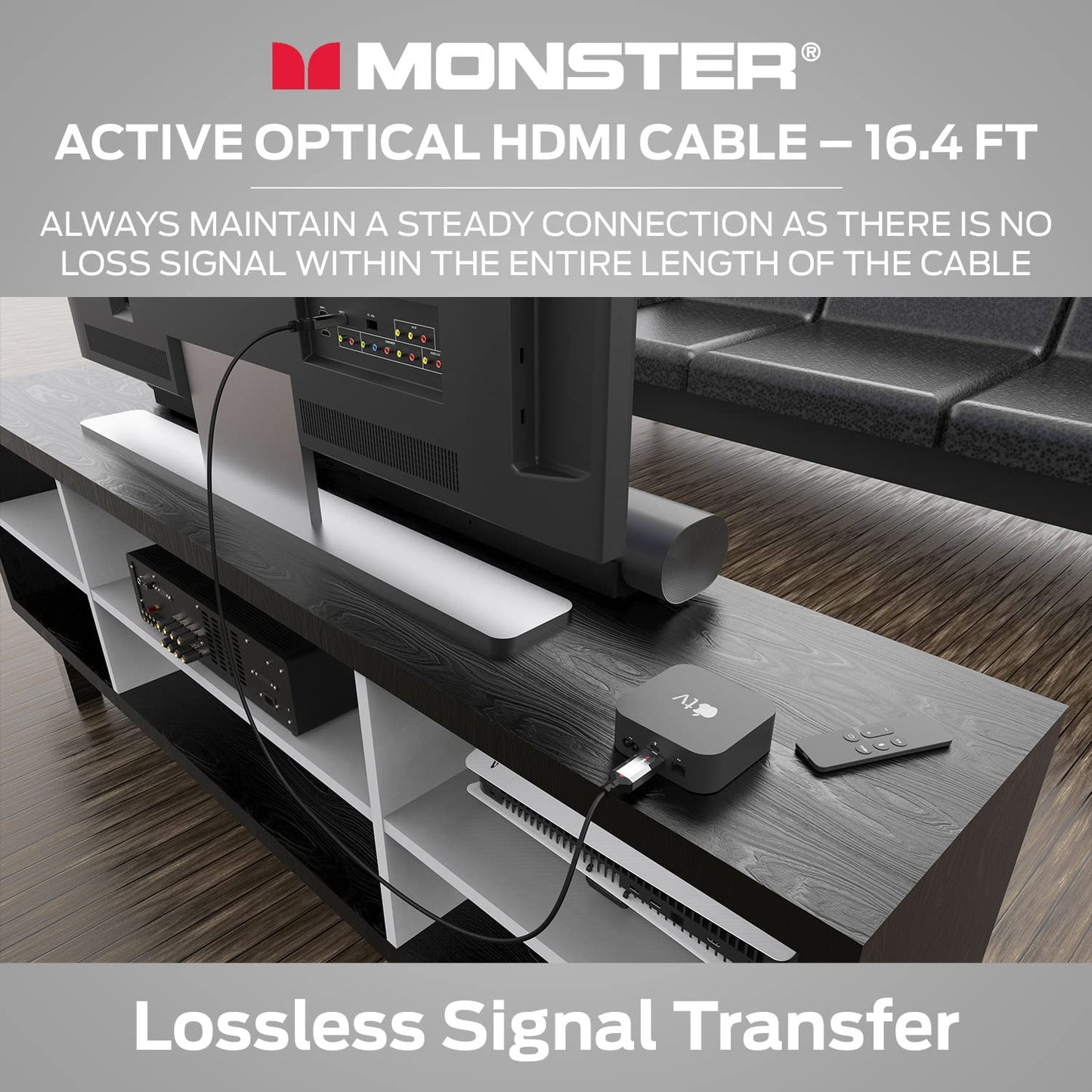 Monster Essentials Rigtings-veseloptiese HDMI 2.1-48 Gbps Aktiewe Optiese Kabel met Aluminiumekstrusiekonnektor – Ondersteun 8K @ 60HZ, 4K @ 120HZ, Premium Gesertifiseer, V-Grip, 100ft