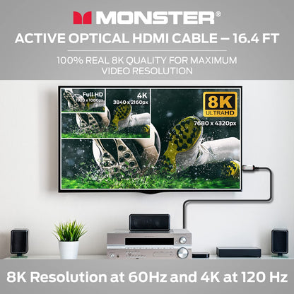 Monster Essentials Rigtinggewende Veseloptiese HDMI 2.1-48 Gbps Aktiewe Optiese Kabel met Aluminium-ekstrusiekoppelaar - Ondersteun 8K @ 60HZ, 4K @ 120HZ, Premium Gesertifiseer, V-Grip, 75vt