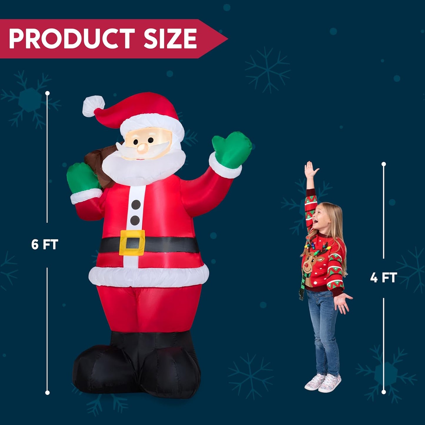 (6FT) Christmas Inflatable Santa w/ Gift Bag, Blow Up Decorations with Build in LEDs Decor