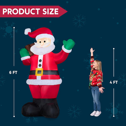 (6FT) Christmas Inflatable Santa w/ Gift Bag, Blow Up Decorations with Build in LEDs Decor