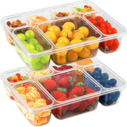 Freshmage Snackle Box Houer - 2 Pak, 7 Kompartement Verdeelde Opdienbak met Deksel, Draagbare Deursigtige Happieboks Houers vir Lekkers, Vrugte, Neute en Peuselhappies – Ideaal vir Reis, Partytjies, Pieknieks