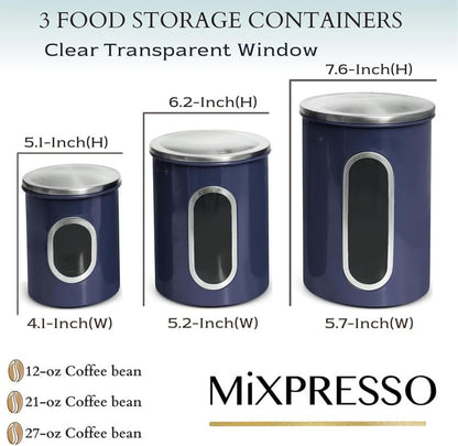 Mixpresso 3-stuk blou houerstel vir die kombuis, lugdigte houerstel met deursigtige venster, bergingsflesse vir koffiehouer, tee-organiseerder en suikerhouer, blou kombuishouers