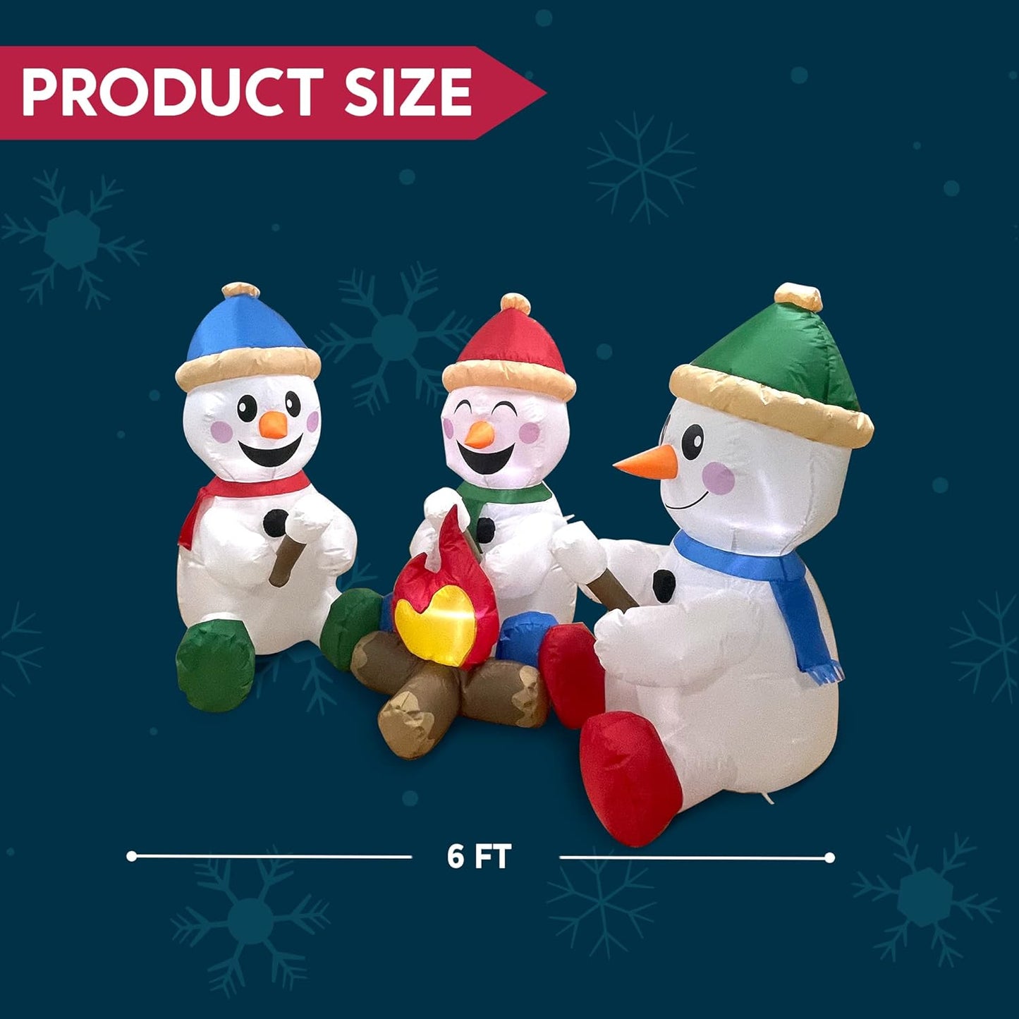 6 FT Long Christmas Inflatable Snowman w/ Campfire, 3 Pack Small Snowman Built-in LEDs Blow Up Yard Decoration