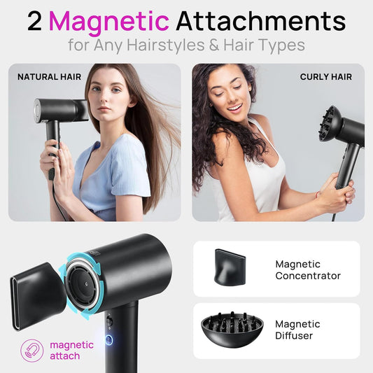 CONFU Haardroër, 110000 RPM Vinnigdrogende Blaasdroër met Magnetiese Diffuser en Konsentreerder, Professionele Liggewig Ioniese Haardroër vir Vroue en Mans