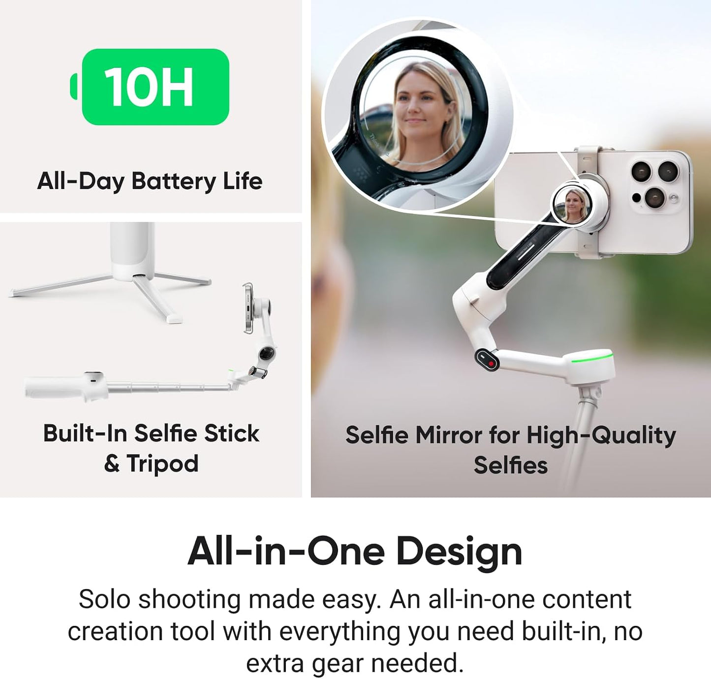 Insta360 Flow 2 Pro Vlog Bundle White - Foldable AI Phone Gimbal, Track in 200+ Apps with Apple DockKit, 360º Pan Tracking, Built-in Tripod/Selfie Stick, Remote Control, Spotlight/Backpack Mount