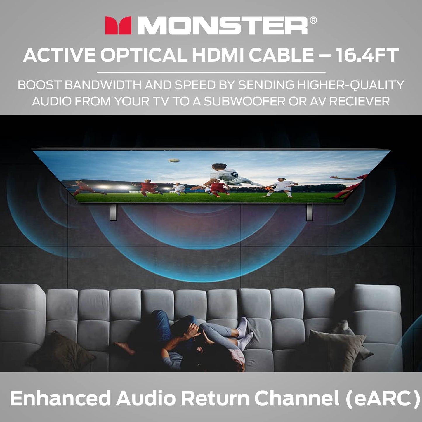 Monster M-reeks Aktiewe Optiese Kabel Lightwave Gesertifiseerde Premium HDMI 2.1-48 Gbps Kabel met Aluminium Ekstrusie Konnektor, V-Grip, Duraflex Beskermende Baadjie - Ondersteun 8K @ 60HZ, 4K @ 120HZ, 16.4 VT